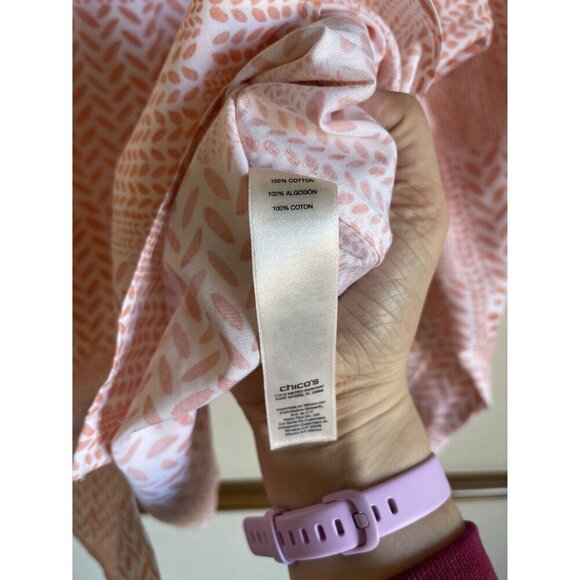 Chico's Size 3/XL Orange White Leaf Stamp Print Roll Tab Sleeve No-Iron Collared - Picture 7 of 7